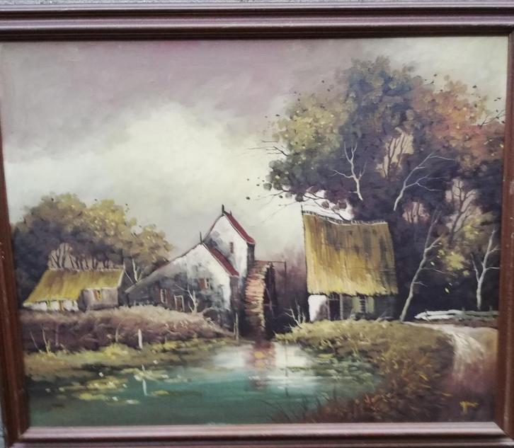 Zicht op watermolen. Olie/doek. 112/90 cm., Antiek en Kunst, Kunst | Schilderijen | Klassiek, Ophalen