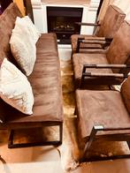 Cosy industriële eetbank en 3 stoelen cognac bruin, Leer, Ophalen of Verzenden, Zo goed als nieuw, Drie