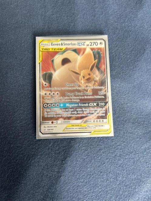 De pokemon kaart: Eevee & Snorlax GX Tag Team kaart + Blast, Hobby en Vrije tijd, Verzamelkaartspellen | Pokémon, Zo goed als nieuw