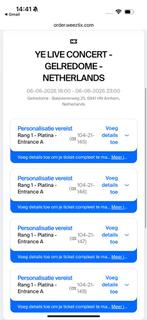 4 tickets Kanye West concert Gelredome Platina, Tickets en Kaartjes, Concerten | Pop, Twee personen, Juni