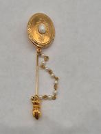 Gouden speld met parel en foto locket, 4 tot 7 cm, Gebruikt, Verzenden, Met parel