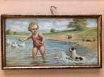 Vintage schilderij van kind met hond in water Joseph Streyc, Antiek en Kunst, Kunst | Schilderijen | Klassiek, Ophalen of Verzenden