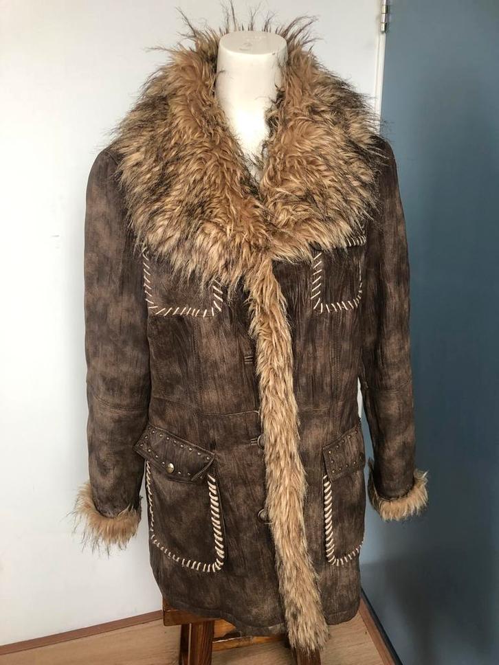 L.s.f leer leren mode bruine jas nep bontkraag 42/44, Kleding | Dames, Jassen | Winter, Zo goed als nieuw, Maat 42/44 (L), Bruin