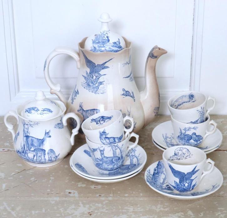 Antiek jacht theeservies ” Bosdieren & vogels”, Antiek en Kunst, Curiosa en Brocante, Ophalen of Verzenden
