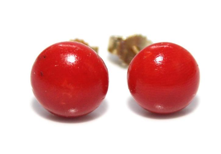 Schitterende Antieke Gouden 9.5 MM Bloedkoraal Oorbellen, Sieraden, Tassen en Uiterlijk, Antieke sieraden, Oorbellen, Goud, Met edelsteen