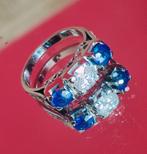 Art deco gouden ring met diamant 0,91kt en saffieren 1,19kt, Ophalen of Verzenden, Dame of Heer, Met edelsteen, Goud