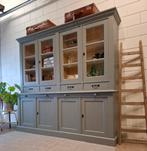XL vintage/brocante groen-grijze winkelkast, buffetkast, 200 cm of meer, Ophalen of Verzenden, 200 cm of meer, 25 tot 50 cm