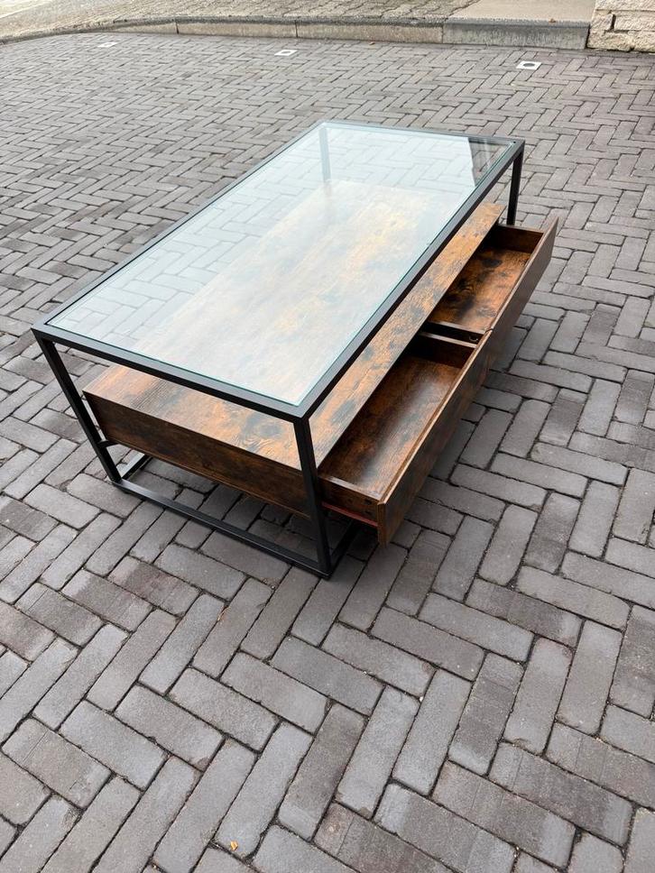 Moderne salontafel met glas en hout. Tv meubel., Huis en Inrichting, Tafels | Salontafels, Zo goed als nieuw, Minder dan 50 cm