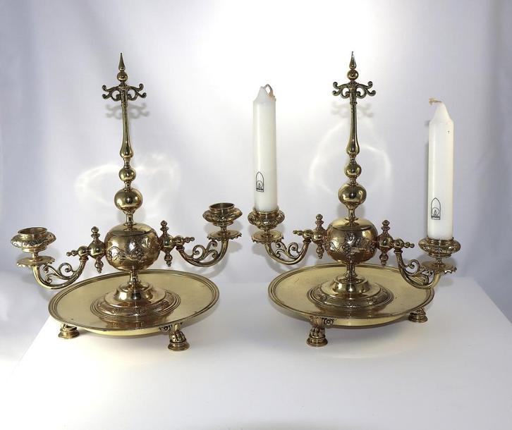 Antieke set kandelaren messing, Huis en Inrichting, Woonaccessoires | Kandelaars en Kaarsen, Gebruikt, 25 tot 50 cm, Brons of Koper