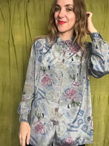 Vintage blouse - grijs - print - 36/S/small beschikbaar voor biedingen