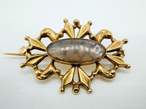 Gouden rouwbroche met haarwerk, 1834, Sieraden, Tassen en Uiterlijk, Antieke sieraden, Broche, Goud, Verzenden