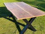 Eiken boomstamtafel op stalen onderstel (gepoedercoat), Ophalen, 50 tot 100 cm, Zo goed als nieuw, 150 tot 200 cm