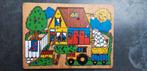 Houten inlegpuzzel met knopjes thema boerderij 21x29 cm 9 st, Ophalen of Verzenden, Minder dan 10 stukjes, Gebruikt, 6 maanden tot 2 jaar