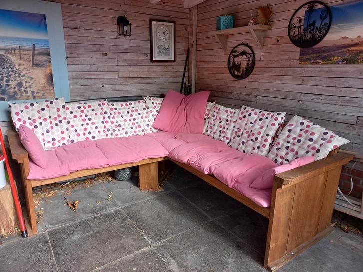 Hoekbank, tuinbank van steigerhout met kussens, Tuin en Terras, Tuinbanken, Zo goed als nieuw, Hout, Ophalen
