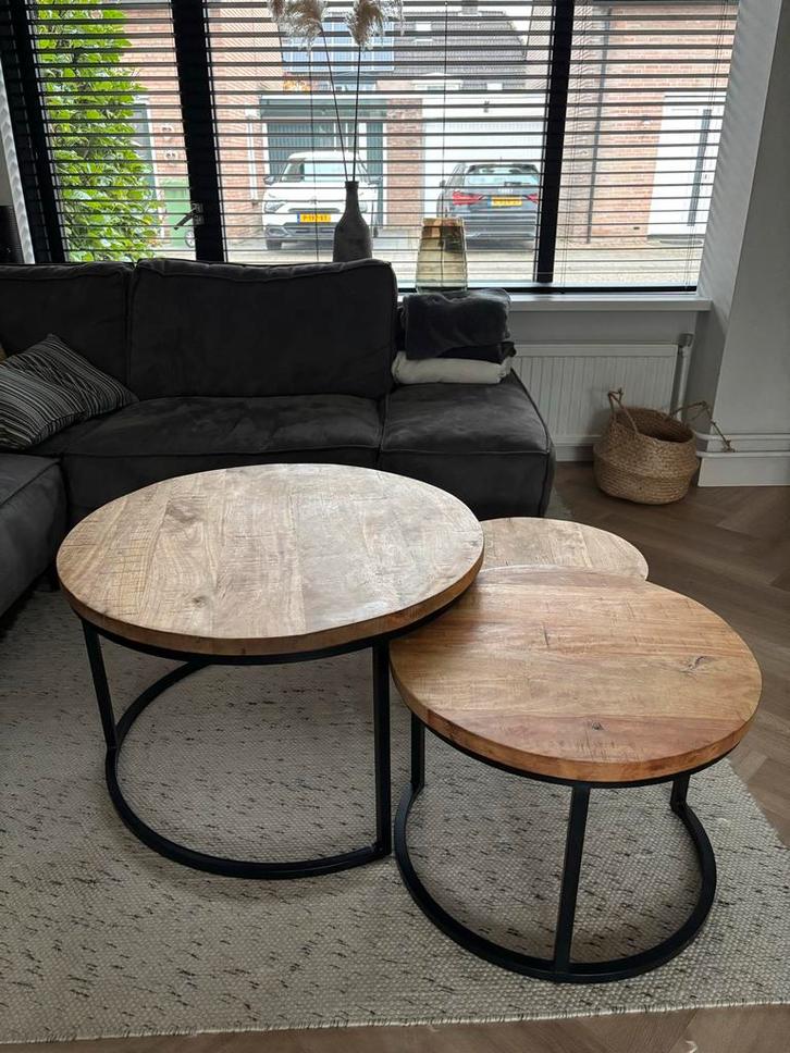 3 Mangohouten Salontafels - Zwart Frame, Huis en Inrichting, Tafels | Salontafels, Zo goed als nieuw, Minder dan 50 cm, Rond, Overige houtsoorten