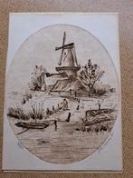 Ets Hollands tafereel met molen, man en roeiboot 3/25, Ophalen of Verzenden