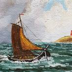 Olieverf op doek platbodem op zee J. Hogendijk IJmuiden., Antiek en Kunst, Ophalen