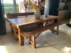 Prachtige teakhouten eettafel met 2 banken (Unieke prijs), Ophalen, Gebruikt, Teak hout, 4 tot 6 stoelen