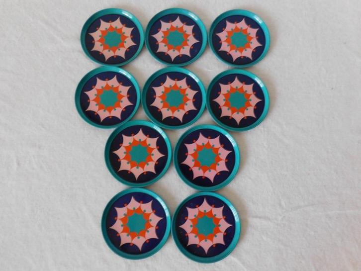 10 Vintage onderzetters van Tomado, blik, blauw met roze ste, Verzamelen, Retro, Overige typen, Ophalen of Verzenden
