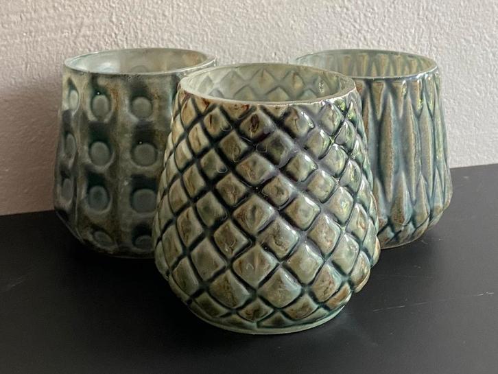 Drie glazen waxinelichthouders groen/blauw/bruin accent., Huis en Inrichting, Woonaccessoires | Overige, Zo goed als nieuw, Ophalen of Verzenden