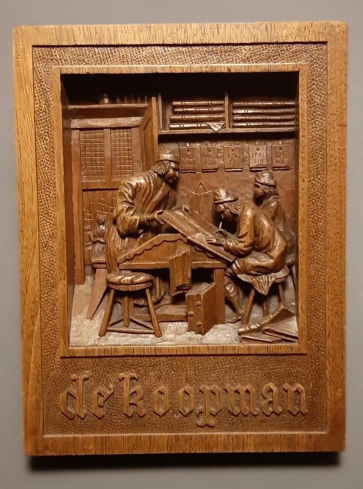Houtsnijwerk: De Koopman, Antiek en Kunst, Kunst | Beelden en Houtsnijwerken, Ophalen of Verzenden