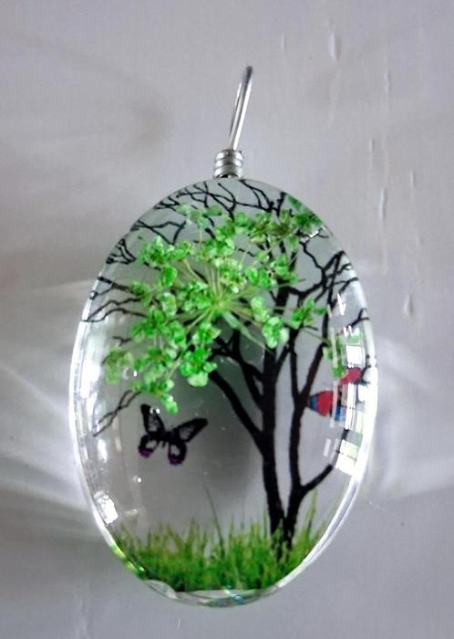 ovalen glazen hanger met groene levensboom en vlinders, Sieraden, Tassen en Uiterlijk, Kettinghangers, Nieuw, Overige materialen