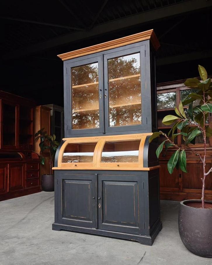 Stoere grutterskast zwart - teakhout | Buffetkast #2341, Huis en Inrichting, Kasten | Buffetkasten, Gebruikt, 200 cm of meer, 200 cm of meer