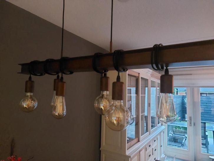 Industriële Hanglamp - 1 meter breed, Huis en Inrichting, Lampen | Hanglampen, Gebruikt, Minder dan 50 cm, Hout, Metaal, Ophalen