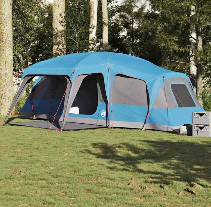 Familietent met verandakoepel 9-persoons waterdicht blauw, Caravans en Kamperen, Tenten, meer dan 6, Zo goed als nieuw, Ophalen of Verzenden