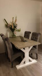 Landelijke eettafel van massief hout + 4 eetstoelen, Ophalen, Zo goed als nieuw, 4 tot 6 stoelen