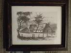 tekening in lijst onder glas van een oude boerderij, Ophalen of Verzenden