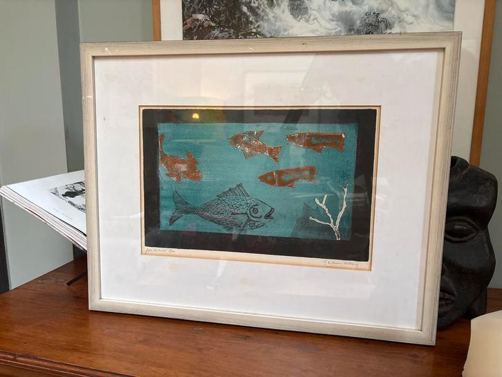 Jeanne Biersma Oosting Litho - Vissen Ingelijst, Antiek en Kunst, Kunst | Litho's en Zeefdrukken, Ophalen of Verzenden