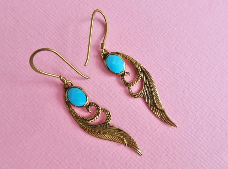 jwg Lange vintage 70s boho turkoois email oorbellen goud klr, Sieraden, Tassen en Uiterlijk, Antieke sieraden, Oorbellen, Overige materialen