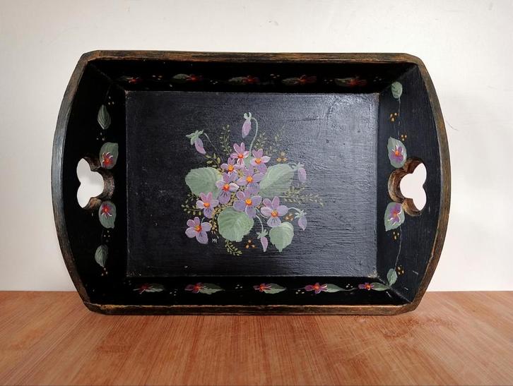 Houten dienblad met bloemen beschildering, Huis en Inrichting, Woonaccessoires | Dienbladen, Gebruikt, Hout, Rechthoekig, Ophalen of Verzenden