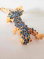 Verguld gouden broche met blauwe en zwarte kristallen, Overige materialen, Minder dan 4 cm, Zo goed als nieuw, Goud