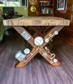 Unieke Steampunk Tafel met Suar Houten Blad, Ophalen, Overige materialen, Steampunk, industrieel, 100 tot 150 cm