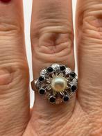 Z840 Prachtige zilveren ring parel blauwe saffier maat 17,75, Sieraden, Tassen en Uiterlijk, Antieke sieraden, Ophalen of Verzenden
