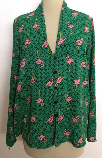Grappige groen roze flamingo print blouse/top! M beschikbaar voor biedingen