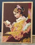 2234 Antiek schilderij met borduurwerk meisje 48x34cm, Antiek en Kunst, Ophalen of Verzenden