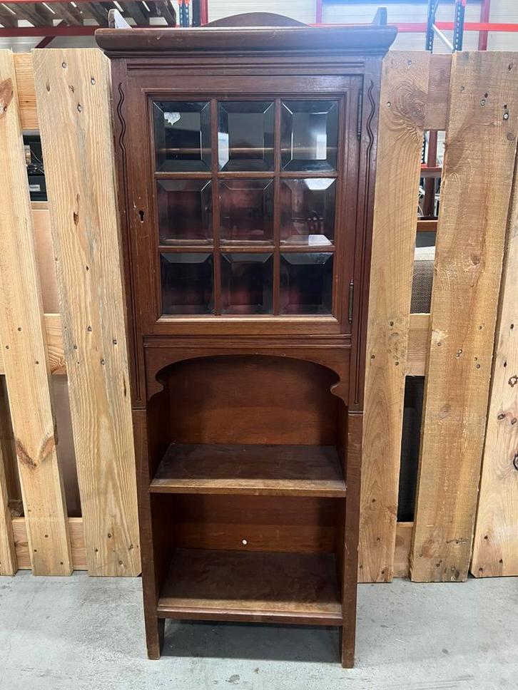 Antieke Smalle Vitrinekast / Wandkastje – Glas en Hout, Antiek en Kunst, Antiek | Meubels | Kasten, Ophalen of Verzenden