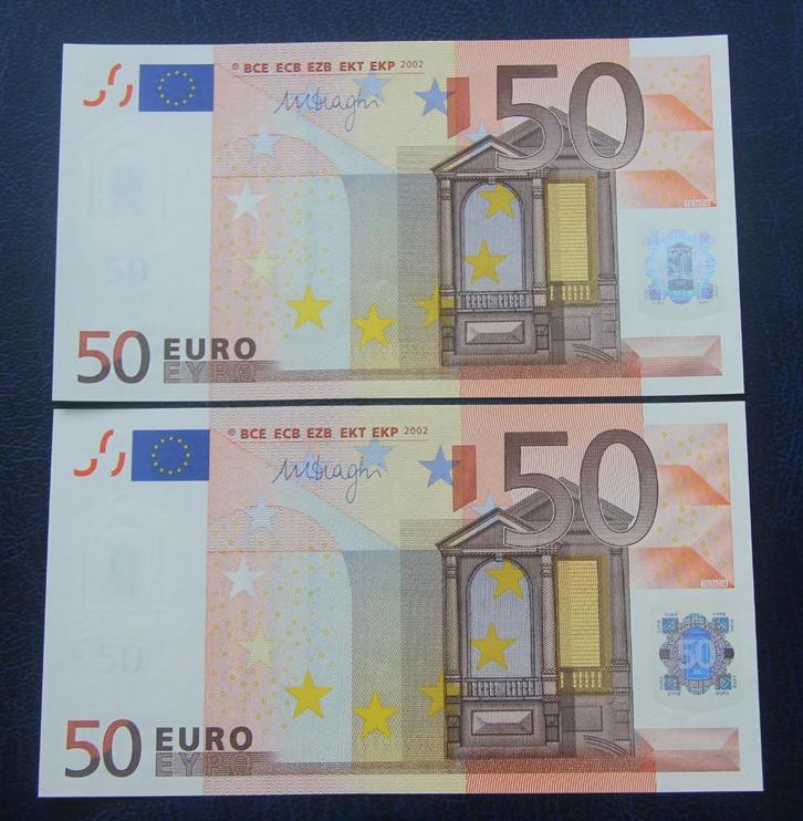 2x 50 euro 2002 nummers opvolgend (belgie) print TO36D4, Postzegels en Munten, Bankbiljetten | Europa | Eurobiljetten, Setje, Overige landen