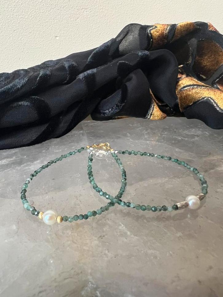 Smaragd Akoya zoutwater parel beschermt geluk intuïtie magie, Sieraden, Tassen en Uiterlijk, Armbanden, Nieuw, Zilver, Groen, Met bedels of kralen