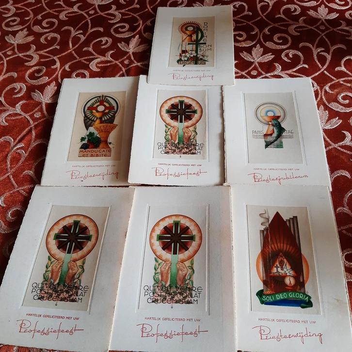 7x Art Deco kaart Priesterwijding, Professiefeest, Verzamelen, Religie, Kaart of Prent, Verzenden