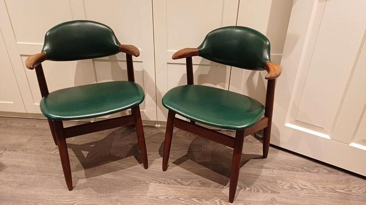 2 Tijsseling Koehoorn Teakhouten stoelen met groen Skaileer, Antiek en Kunst, Antiek | Meubels | Stoelen en Banken, Ophalen