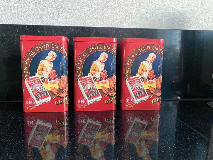 Drie vintage koffie (voorraad) blikken Douwe Egberts, Antiek en Kunst, Antiek | Keukenbenodigdheden, Ophalen of Verzenden