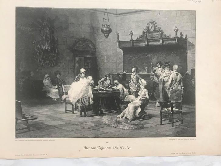Alcázar Tejedor: Die Taufe, 1895, or. gravure, 32x22cm. Mooi, Antiek en Kunst, Kunst | Etsen en Gravures, Ophalen of Verzenden