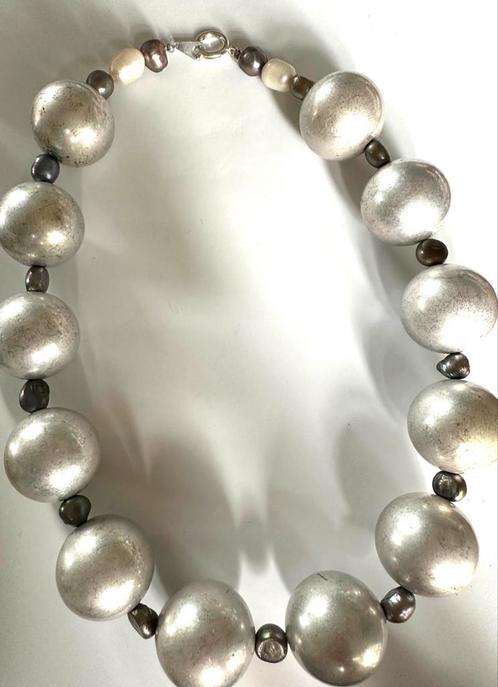 Grote statement ketting met zoetwaterparels, Sieraden, Tassen en Uiterlijk, Kettingen, Gebruikt, Overige materialen, Zilver, Ophalen of Verzenden