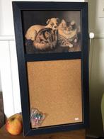 Memobord, hout & kurk prikbord met prikkers, en hond & poes., Huis en Inrichting, Ophalen of Verzenden