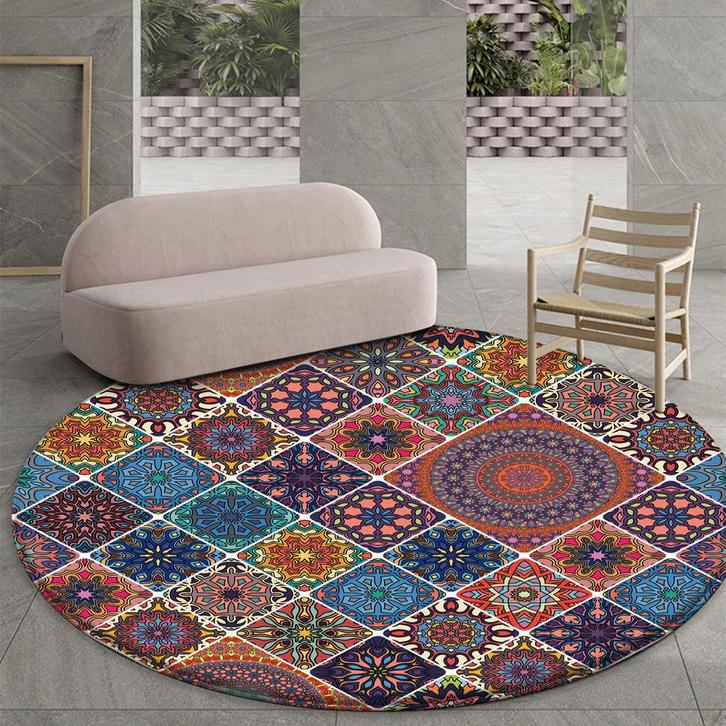 Bohemian Rond Vloerkleed 2 Tapijt Mat Boho Blauw Rood Paars, Huis en Inrichting, Stoffering | Tapijten en Kleden, Nieuw, Rond