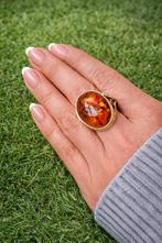 Antieke 14k gouden statement ring met grote barnsteen, Ophalen of Verzenden, Goud, Ring, Met edelsteen